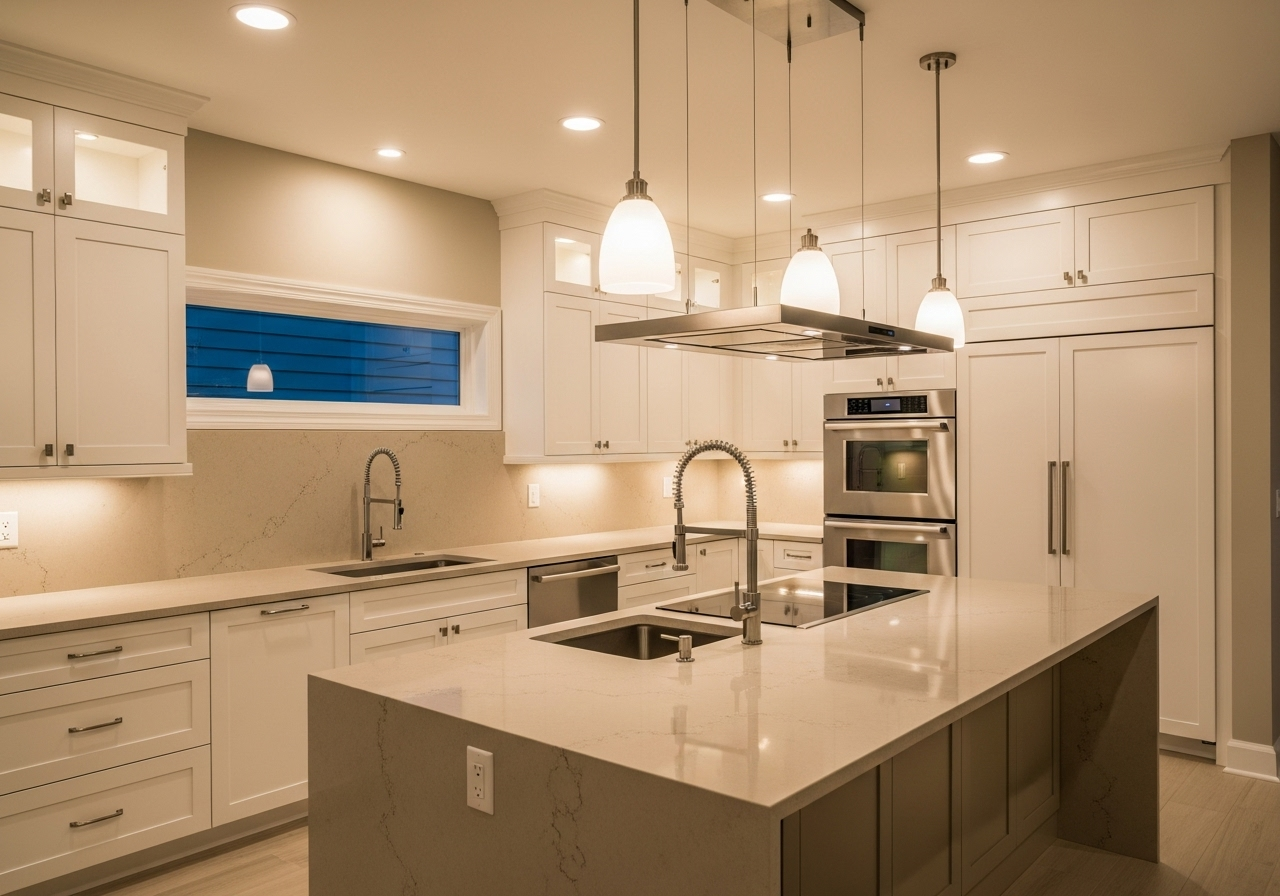 Modern kitchen with beige quartz countertops and white cabinets